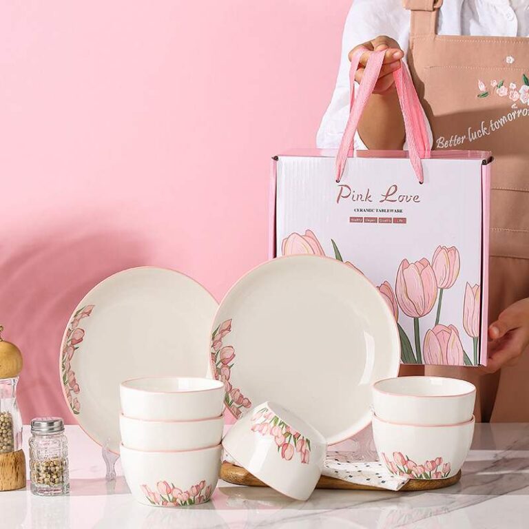 Customizable Pink Love Tulip Underglaze Porcelain Dinnerware Gift Set