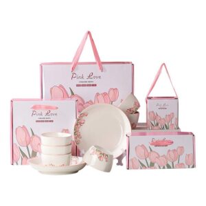 Customizable Pink Love Tulip Underglaze Porcelain Dinnerware Gift Set