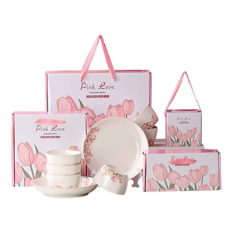Customizable Pink Love Tulip Underglaze Porcelain Dinnerware Gift Set