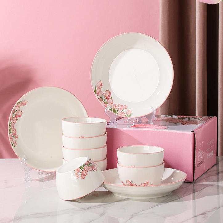 Customizable Pink Love Tulip Underglaze Porcelain Dinnerware Gift Set