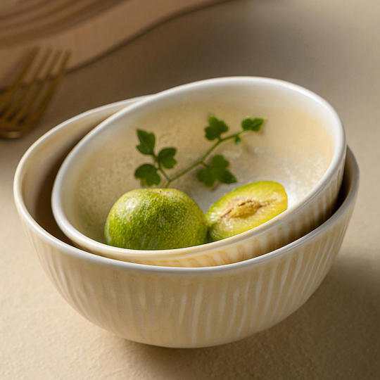 Creamy White/Gray Japanese Vertical Ribbed Ceramic Dinnerware Set