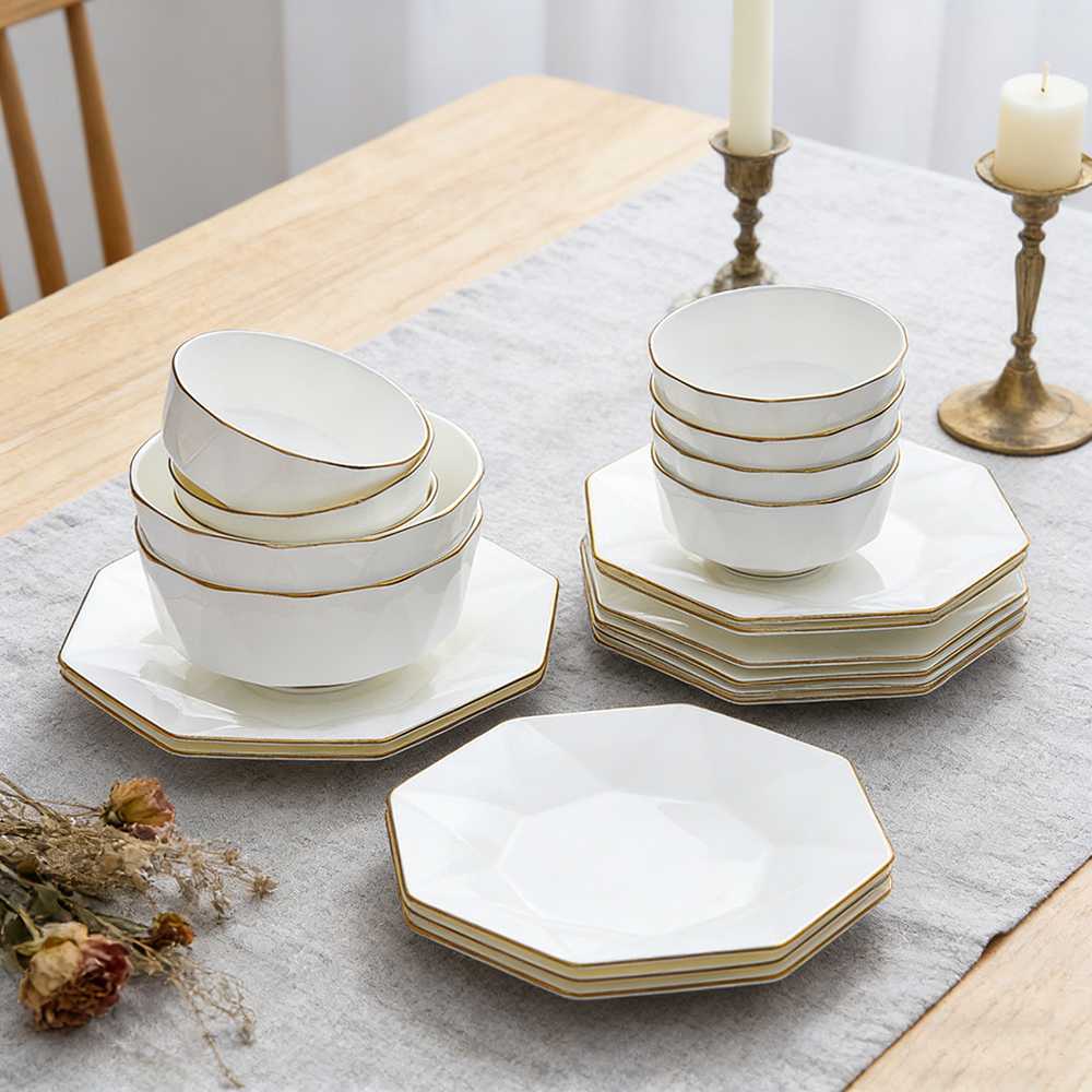 Luxury Gold Rim Diamond Cut Bone China Dinnerware Set