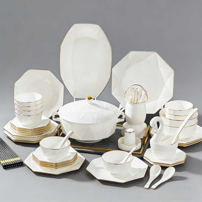 Luxury Gold Rim Diamond Cut Bone China Dinnerware Set