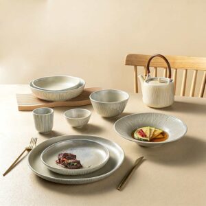 Creamy White/Gray Japanese Vertical Ribbed Ceramic Dinnerware Set