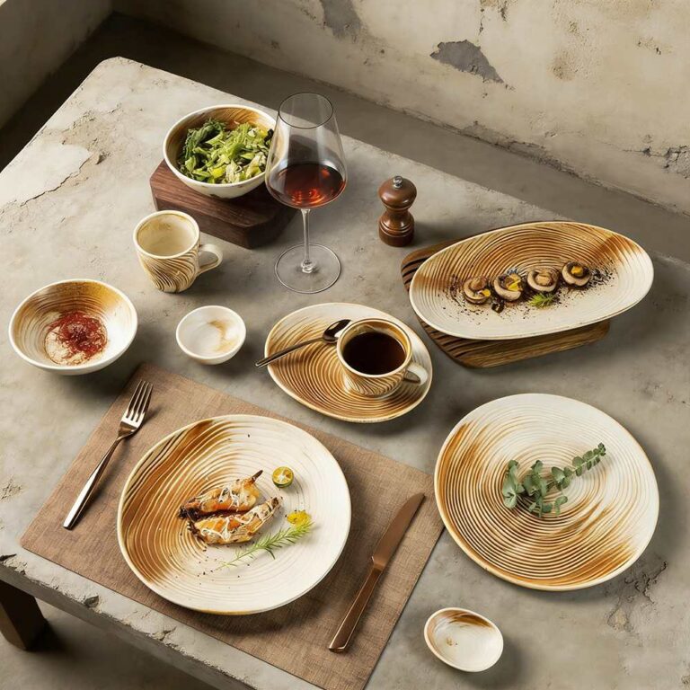 Wabi-Sabi Style Rustic Reactive Glaze Swirl Ceramic Dinnerware Set