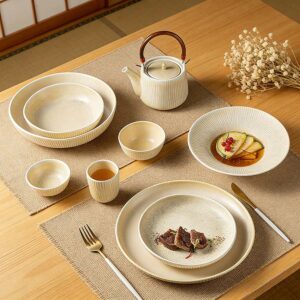 Creamy White/Gray Japanese Vertical Ribbed Ceramic Dinnerware Set