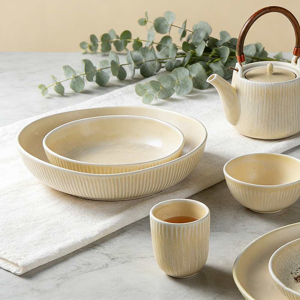 Creamy White/Gray Japanese Vertical Ribbed Ceramic Dinnerware Set