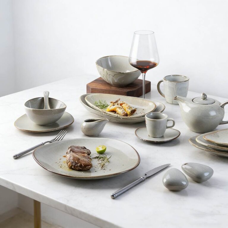 Wabi-Sabi Handcrafted Grey Reactive Glaze Ceramic Dinnerware Set