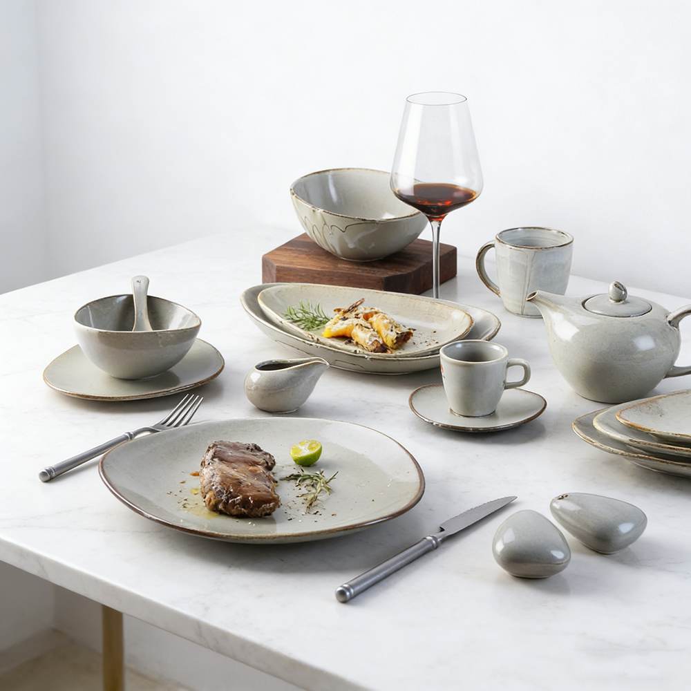 Wabi-Sabi Handcrafted Grey Reactive Glaze Ceramic Dinnerware Set