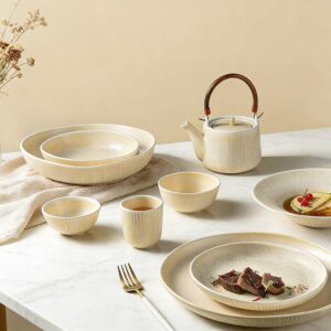 Creamy White/Gray Japanese Vertical Ribbed Ceramic Dinnerware Set