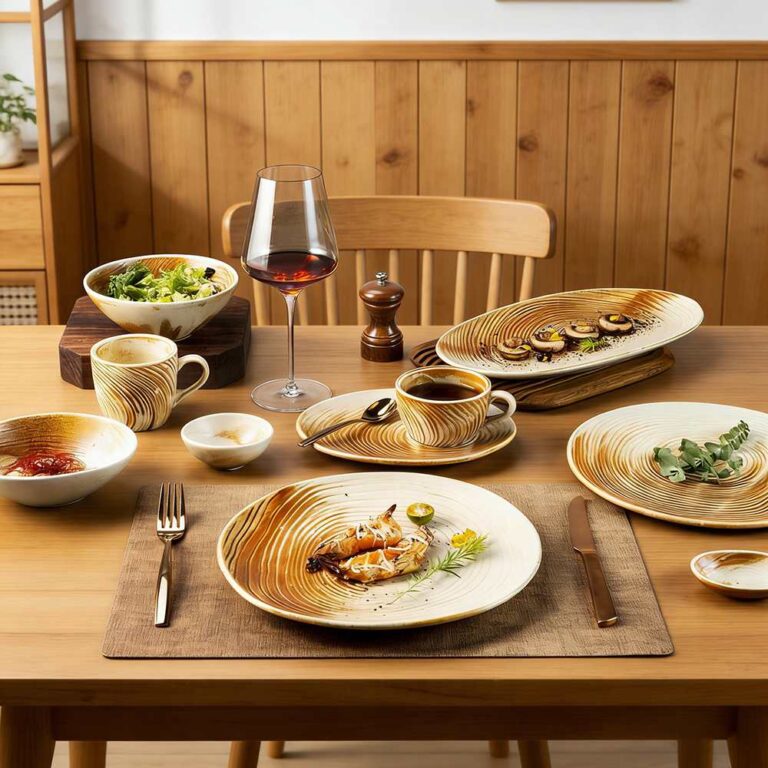 Wabi-Sabi Style Rustic Reactive Glaze Swirl Ceramic Dinnerware Set