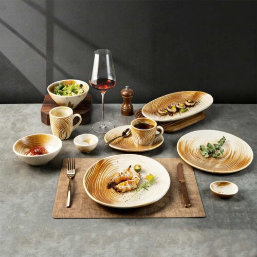 Wabi-Sabi Style Rustic Reactive Glaze Swirl Ceramic Dinnerware Set