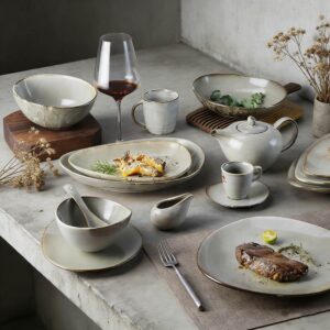 Wabi-Sabi Handcrafted Grey Reactive Glaze Ceramic Dinnerware Set