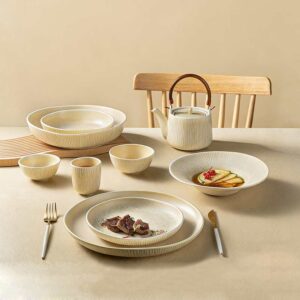 Creamy White/Gray Japanese Vertical Ribbed Ceramic Dinnerware Set