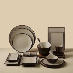 Product Features Minimalist Two-Tone Aesthetic Sophisticated dark brown and off-white contrast with crisp edge detailing, embodying modern minimalist and wabi-sabi style. Premium Food-Grade Melamine Lightweight, shatter-resistant, and durable, with the smooth texture of ceramic, ideal for daily use and commercial settings. Versatile Multi-Shape Set Includes round/square plates, bowls, divided dishes, and cups to cover all dining and serving needs. Safe & Easy-Care Non-toxic, odorless, and heat-resistant, with a smooth glaze that is dishwasher safe and easy to maintain. Multi-Scene Application & Gifting Perfect for home use, vacation rentals, and restaurants, also a thoughtful gift for housewarmings and business occasions.