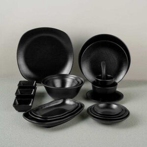 Japanese Matte Black Woven Texture Melamine Dinnerware Set