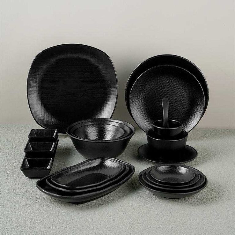 Japanese Matte Black Woven Texture Melamine Dinnerware Set