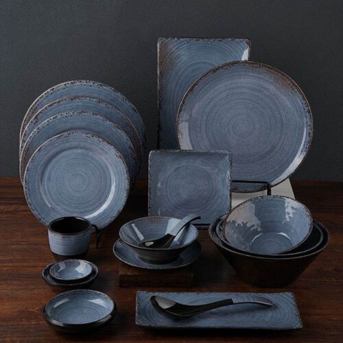 Vintage Reactive Blue Spiral Melamine Dinnerware Set