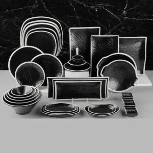 Stone Textured Black Melamine Dinnerware Set with White Rim
