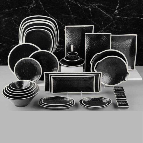Stone Textured Black Melamine Dinnerware Set with White Rim