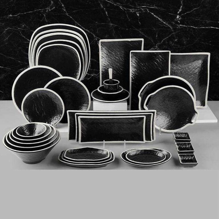 Stone Textured Black Melamine Dinnerware Set with White Rim