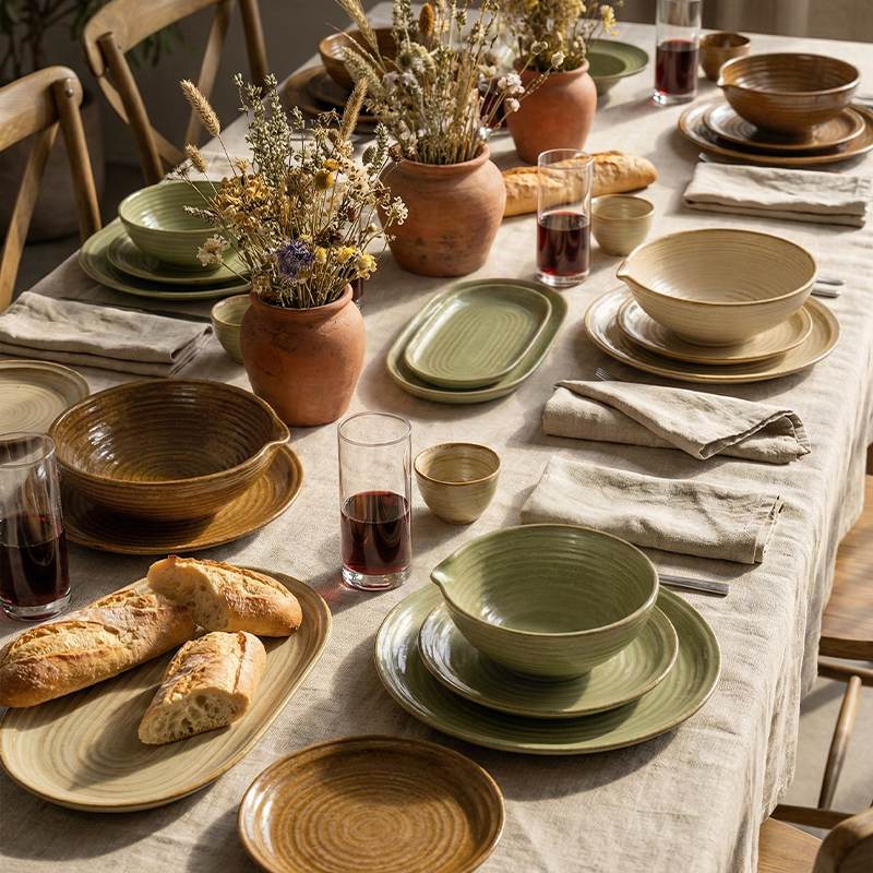 Japanese Hand-Thrown Ribbed Stoneware Dinnerware Set