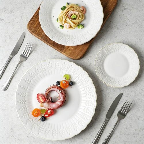 French Pastoral Embossed Leaf Ceramic Plate Set