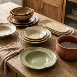 Japanese Hand-Thrown Ribbed Stoneware Dinnerware Set