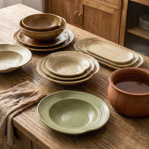 Japanese Hand-Thrown Ribbed Stoneware Dinnerware Set