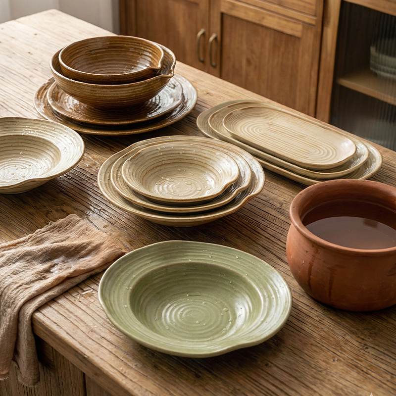 Japanese Hand-Thrown Ribbed Stoneware Dinnerware Set
