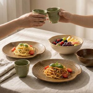Japanese Hand-Thrown Ribbed Stoneware Dinnerware Set