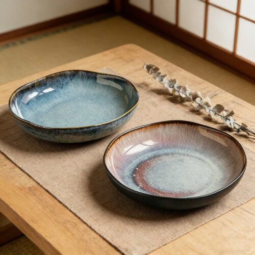 Japanese Wabi-Sabi Reactive Glaze Ceramic Deep Plates