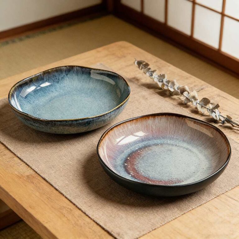 Japanese Wabi-Sabi Reactive Glaze Ceramic Deep Plates