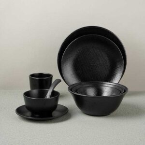 Japanese Matte Black Woven Texture Melamine Dinnerware Set