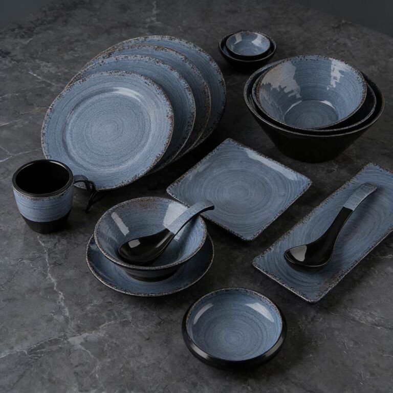 Vintage Reactive Blue Spiral Melamine Dinnerware Set