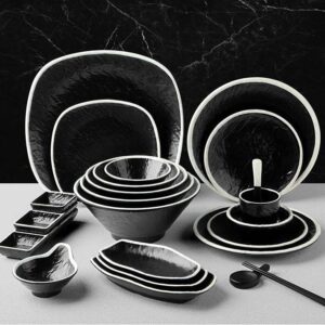 Stone Textured Black Melamine Dinnerware Set with White Rim