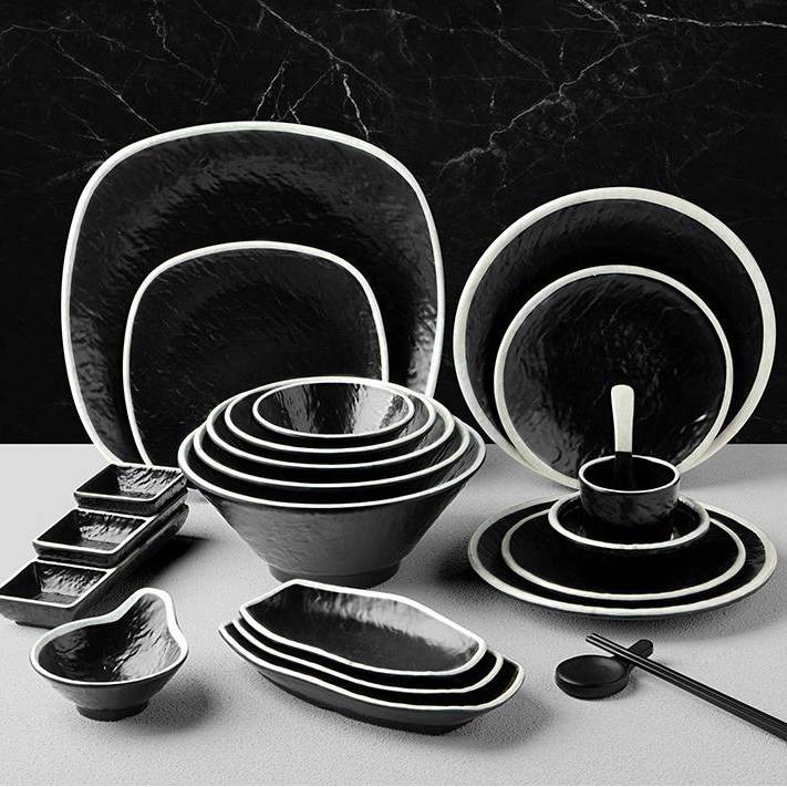 Stone Textured Black Melamine Dinnerware Set with White Rim