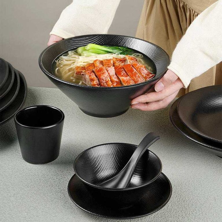 Japanese Matte Black Woven Texture Melamine Dinnerware Set