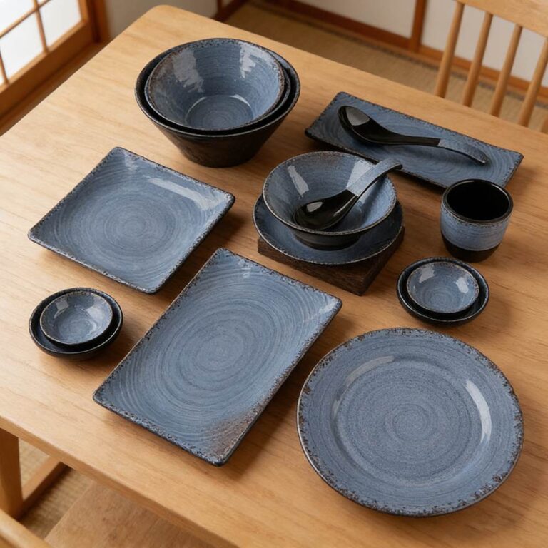 Vintage Reactive Blue Spiral Melamine Dinnerware Set
