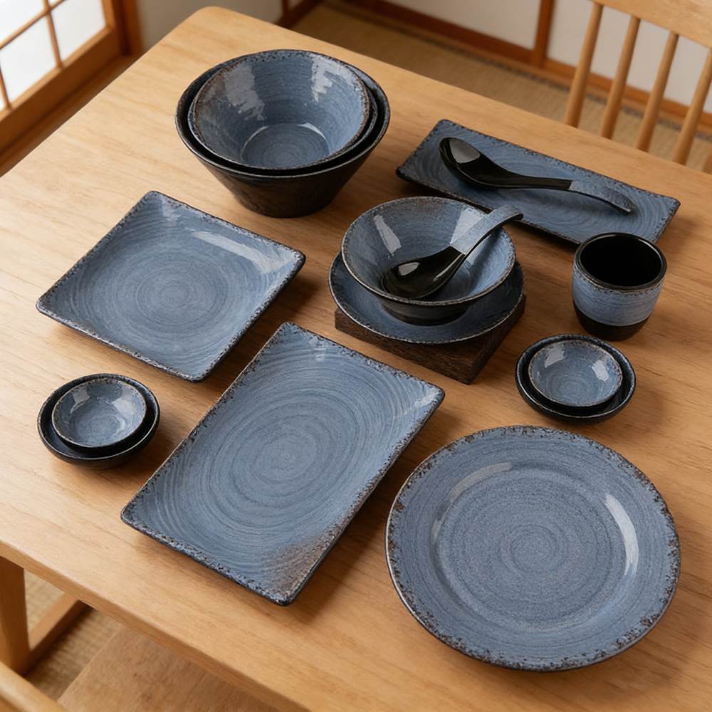 Vintage Reactive Blue Spiral Melamine Dinnerware Set