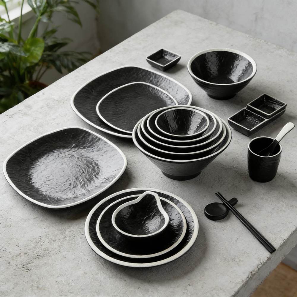Stone Textured Black Melamine Dinnerware Set with White Rim