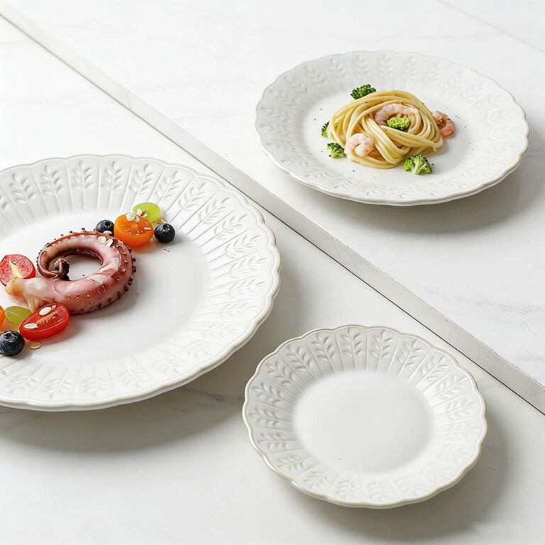 French Pastoral Embossed Leaf Ceramic Plate Set