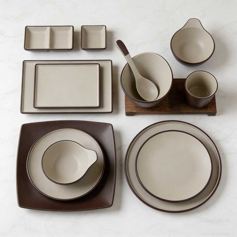 Product Features Minimalist Two-Tone Aesthetic Sophisticated dark brown and off-white contrast with crisp edge detailing, embodying modern minimalist and wabi-sabi style. Premium Food-Grade Melamine Lightweight, shatter-resistant, and durable, with the smooth texture of ceramic, ideal for daily use and commercial settings. Versatile Multi-Shape Set Includes round/square plates, bowls, divided dishes, and cups to cover all dining and serving needs. Safe & Easy-Care Non-toxic, odorless, and heat-resistant, with a smooth glaze that is dishwasher safe and easy to maintain. Multi-Scene Application & Gifting Perfect for home use, vacation rentals, and restaurants, also a thoughtful gift for housewarmings and business occasions.