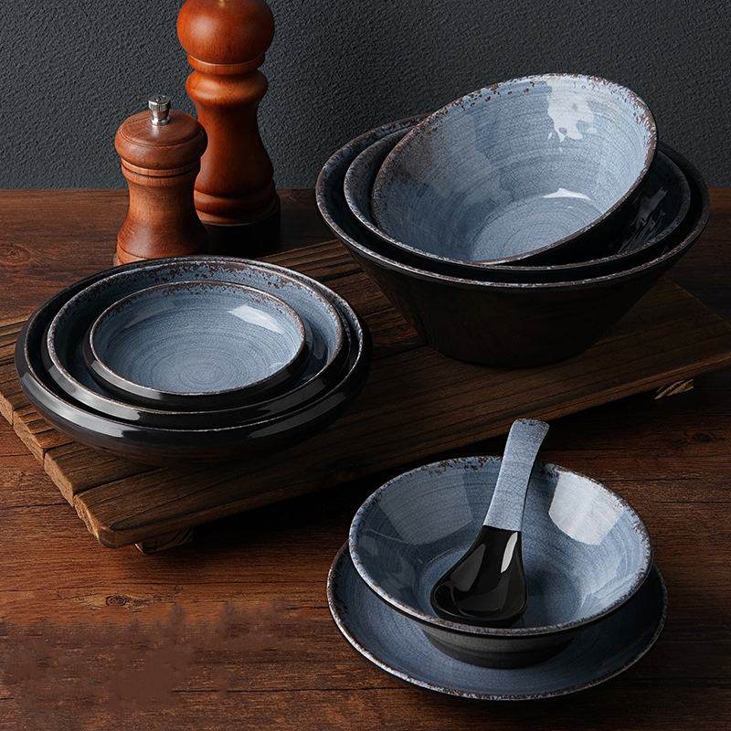 Vintage Reactive Blue Spiral Melamine Dinnerware Set