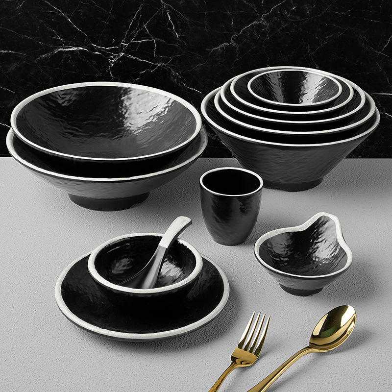Stone Textured Black Melamine Dinnerware Set with White Rim