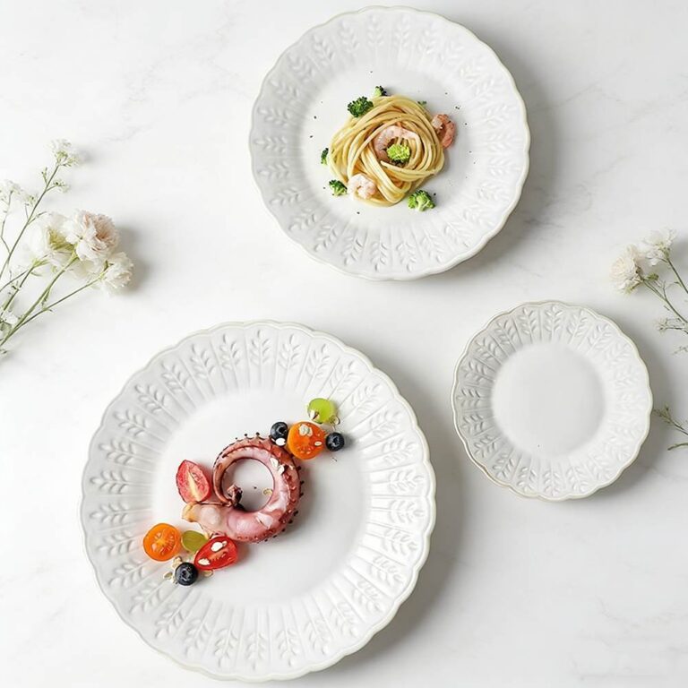 French Pastoral Embossed Leaf Ceramic Plate Set