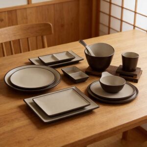 Product Features Minimalist Two-Tone Aesthetic Sophisticated dark brown and off-white contrast with crisp edge detailing, embodying modern minimalist and wabi-sabi style. Premium Food-Grade Melamine Lightweight, shatter-resistant, and durable, with the smooth texture of ceramic, ideal for daily use and commercial settings. Versatile Multi-Shape Set Includes round/square plates, bowls, divided dishes, and cups to cover all dining and serving needs. Safe & Easy-Care Non-toxic, odorless, and heat-resistant, with a smooth glaze that is dishwasher safe and easy to maintain. Multi-Scene Application & Gifting Perfect for home use, vacation rentals, and restaurants, also a thoughtful gift for housewarmings and business occasions.