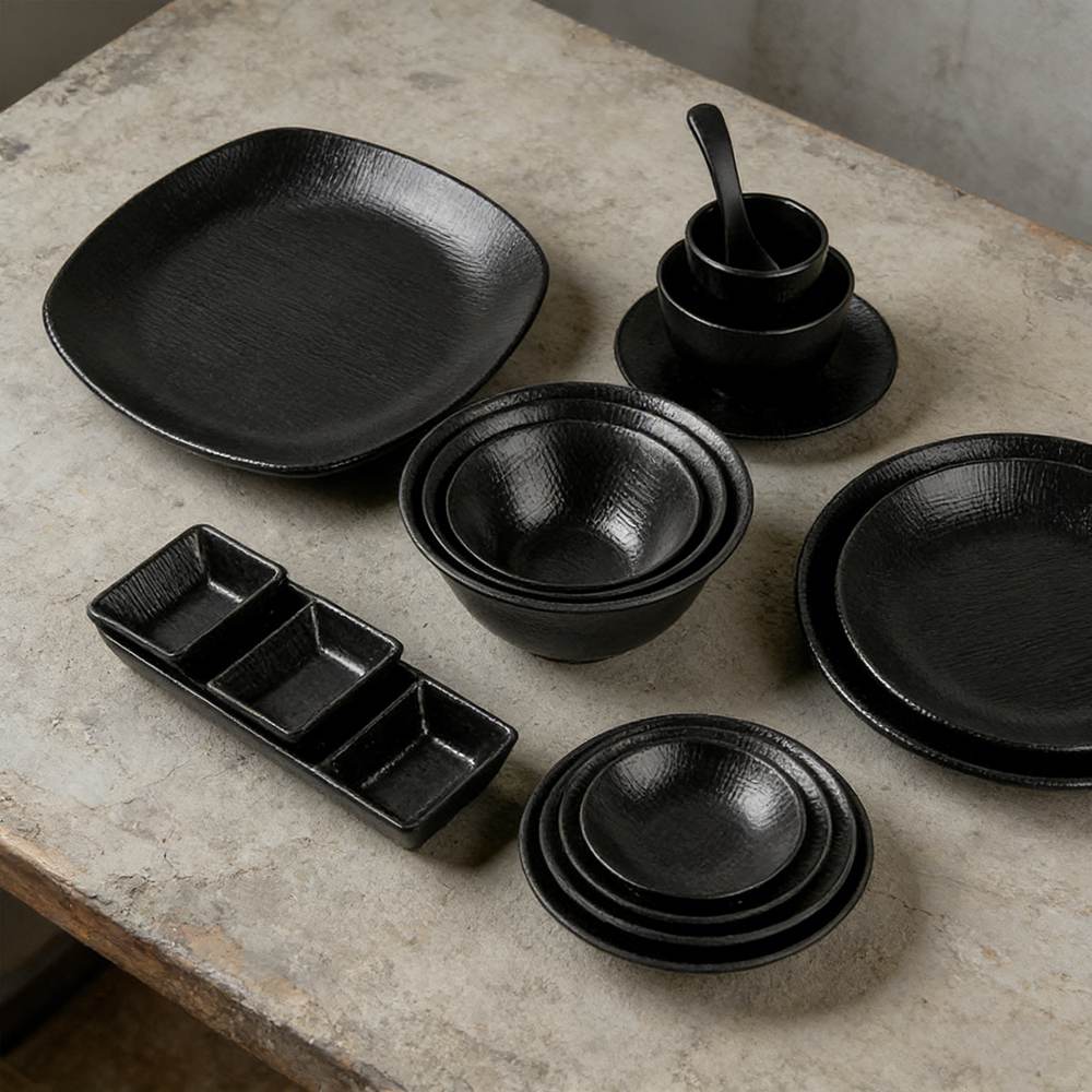 Japanese Matte Black Woven Texture Melamine Dinnerware Set