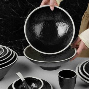 Stone Textured Black Melamine Dinnerware Set with White Rim