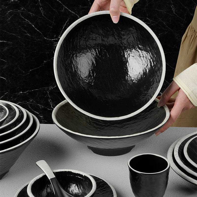 Stone Textured Black Melamine Dinnerware Set with White Rim